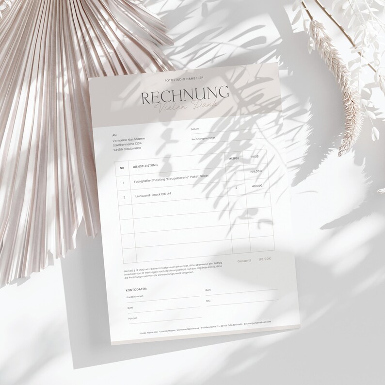 May include: A white invoice template with the title "RECHNUNG" in a pink script font. The invoice is for photography services and includes a section for listing services, quantities, prices, and totals. The invoice also includes a section for contact information.