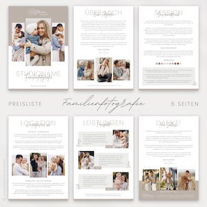 Minimalistische Preisliste für Familienfotografie 6 Seiten Template Vorlage für Familien Fotografie Canva Template