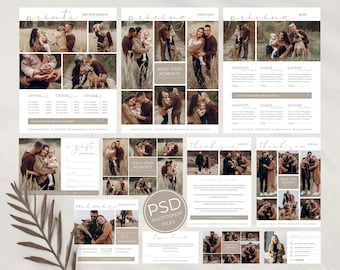May include: A set of printable photography pricing and gift certificate templates. The templates feature a rustic brown color scheme with images of families and dogs. The text "Make Your Moments" is featured on the pricing template. The gift certificate template says "A Gift" and "Thank You".