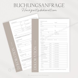 May include: A printable wedding decoration booking request form with the title "Buchungsanfrage Hochzeitsdekoration" in German. The form includes sections for personal information, wedding details, and decoration requests.