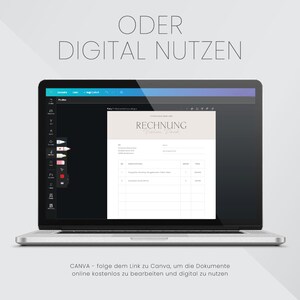 May include: A laptop screen displaying a digital invoice template with the word "RECHNUNG" in a light brown box. The text below the image reads "CANVA - follow the link to Canva, to edit the documents online for free and use them digitally."