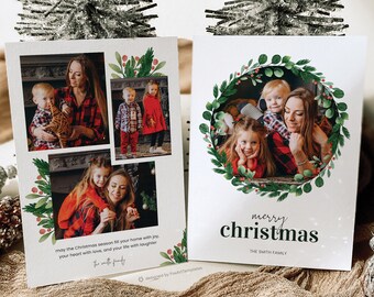 Editable Floral Christmas Card Template, Watercolor Christmas Card Template, Editable Holiday Card Template