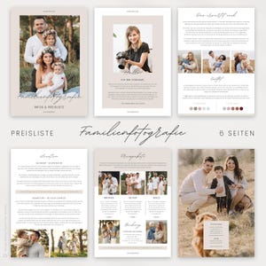 Minimalistische Preisliste für Familienfotografie 6 Seiten Template Vorlage für Familien Fotografie Canva Template
