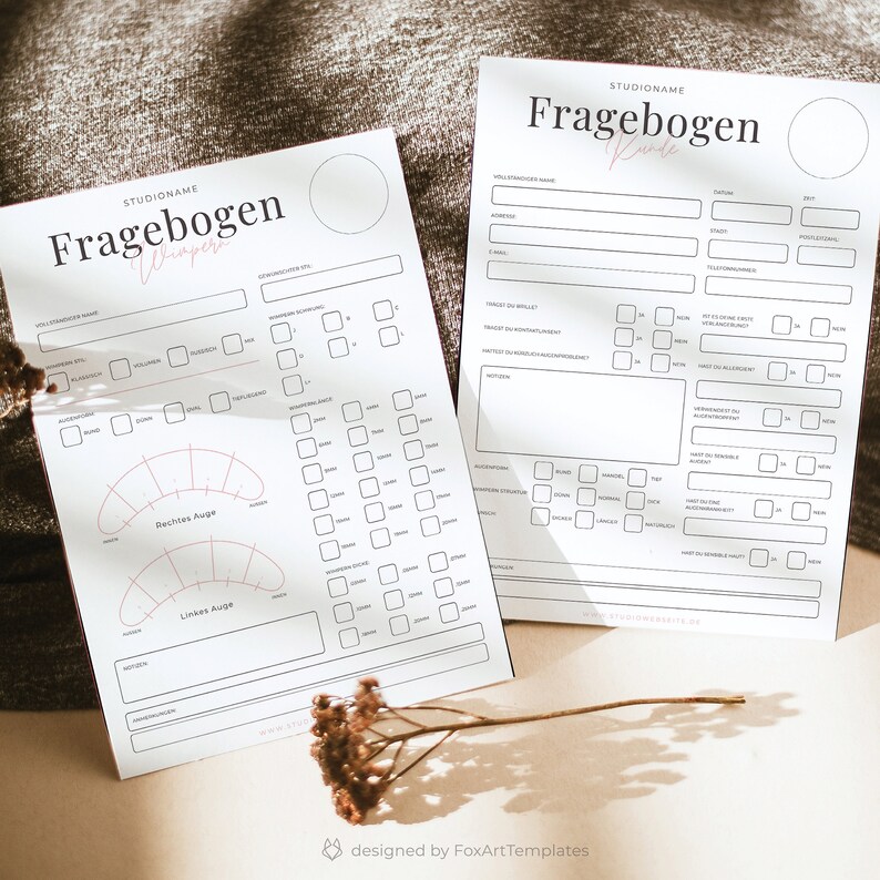 May include: Two black and white questionnaire forms with the title "Fragebogen" in German, meaning "questionnaire". The forms are for a beauty salon or spa and include questions about the client's preferences and needs. The forms are designed to be used for lash extensions and eyebrow services.