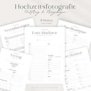 May include: A set of eight printable pages for wedding photography contracts and questionnaires. The pages are white with black text and include sections for "Vereinbarungen", "Vertrag", "Eure Hochzeit", and "Das Brautpaar".