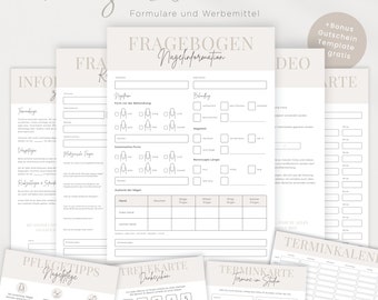 Nagelstudio Kundenfragebogen, Formulare und Werbemittel, wie Nagel Pflegekarte. Canva Vorlagen