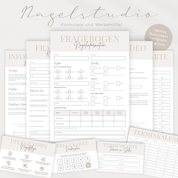 Nagelstudio Kundenfragebogen, Formulare und Werbemittel, wie Nagel Pflegekarte