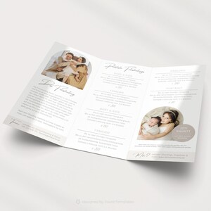 Puede incluir: Un folleto de tres pliegues con un fondo marr&oacute;n claro y texto blanco. El folleto anuncia servicios de fotograf&iacute;a para beb&eacute;s, ni&ntilde;os, familias y parejas. El folleto incluye informaci&oacute;n de precios y una oferta de descuento del 20%.