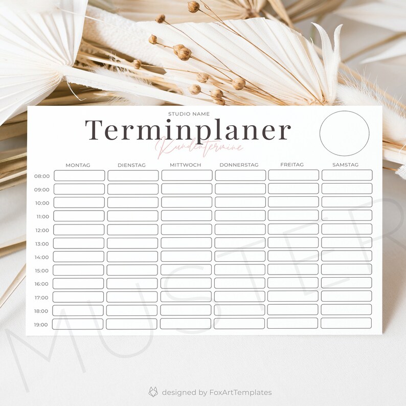 May include: A white printable appointment planner with the German words "Terminplaner" and "Kundentermine" in pink. The planner has columns for each day of the week, from Monday to Saturday, and rows for each hour from 8:00 AM to 7:00 PM.