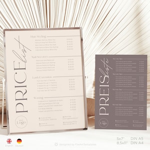 Può includere: Due listini prezzi per un salone di bellezza, uno in inglese e uno in tedesco. Il listino prezzi in inglese è su sfondo bianco con testo grigio e il listino prezzi in tedesco è su sfondo grigio con testo bianco. Entrambi i listini prezzi elencano gli stessi servizi, tra cui acconciatura, servizi di manicure, extension ciglia e ceretta.