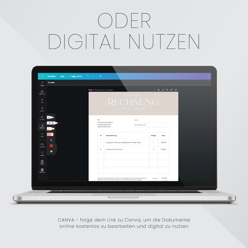 Puede incluir: Una pantalla de computadora port&aacute;til que muestra una plantilla de dise&ntilde;o de Canva para una factura imprimible. La factura se titula "RECHNUNG" y tiene campos para la descripci&oacute;n del art&iacute;culo, la cantidad y el precio. El texto debajo de la imagen dice "CANVA - sigue el enlace a Canva para editar los documentos en l&iacute;nea de forma gratuita y utilizarlos digitalmente."