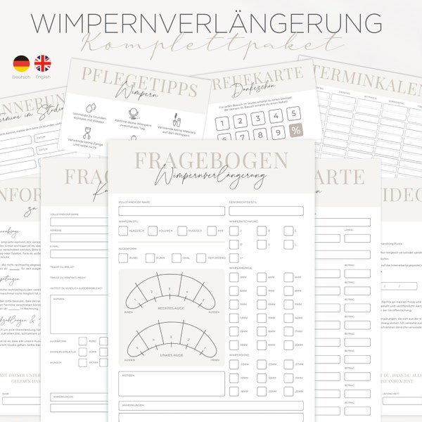 Werbemittel für Wimpernstudio, Werbematerialien wie Kundenfragebögen, Pflegekarte für Wimpernverlängerung, Terminplaner für Wimpernstylistin