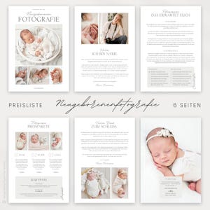 Op de afbeelding: Een zes pagina's tellende brochure voor newborn fotografie diensten. De brochure bevat afbeeldingen van een pasgeboren baby, een fotograaf en een prijslijst voor verschillende fotografiepakketten. De brochure bevat ook informatie over de diensten van de fotograaf en contactgegevens.