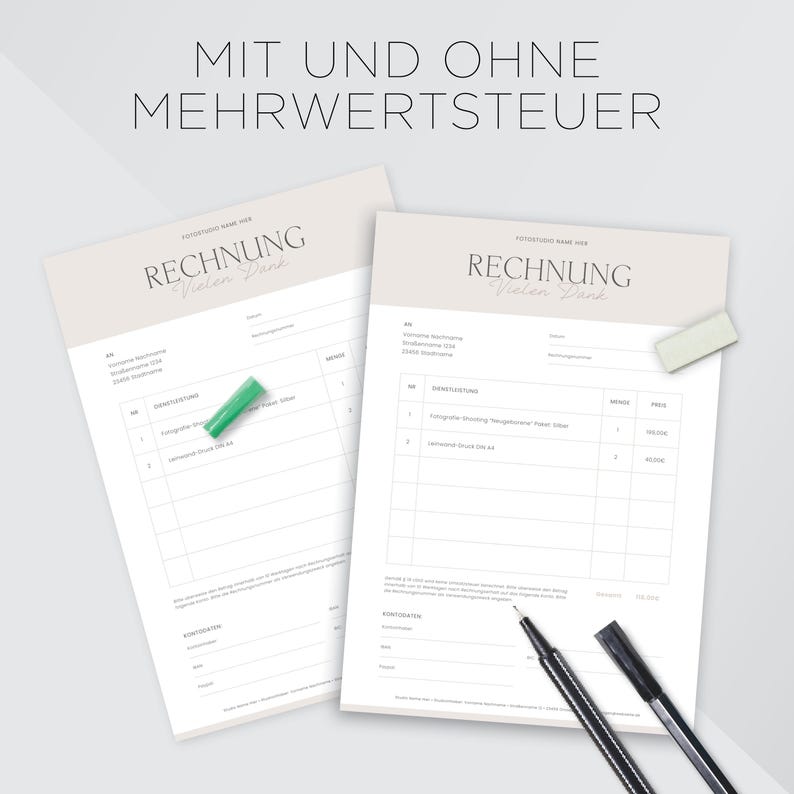 May include: Two beige invoice templates with the text "RECHNUNG" and "Vielen Dank" in black script. The text "MIT UND OHNE MEHRWERTSTEUER" is at the top of the page in black.