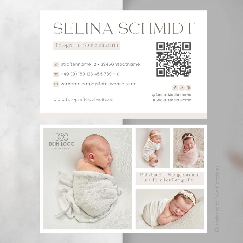 May include: A business card for a photographer specializing in newborn, baby bump, and family photography. The card features a white background with black text and a QR code. The card also includes a logo with the text "DEIN LOGO" and a collage of four photos of babies.