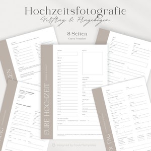 May include: A wedding photography contract and questionnaire template with a beige background. The template includes sections for the date, time, location, and other details of the wedding. The text "EURE HOCHZEIT" is in a large font at the top of the page.