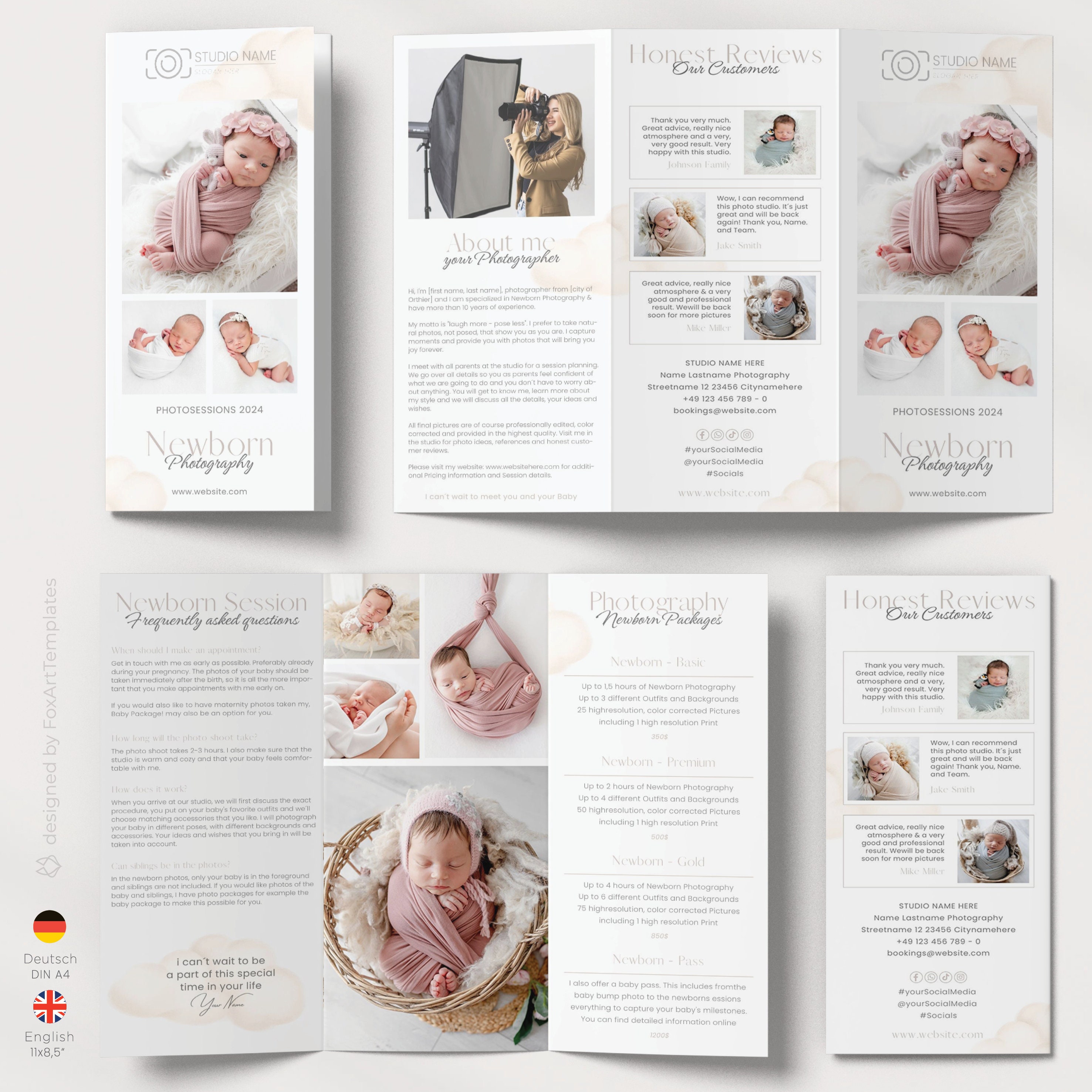 Flyer Vorlage für Fotograf • editierbare Broschüre für Neugeborenenfotografie