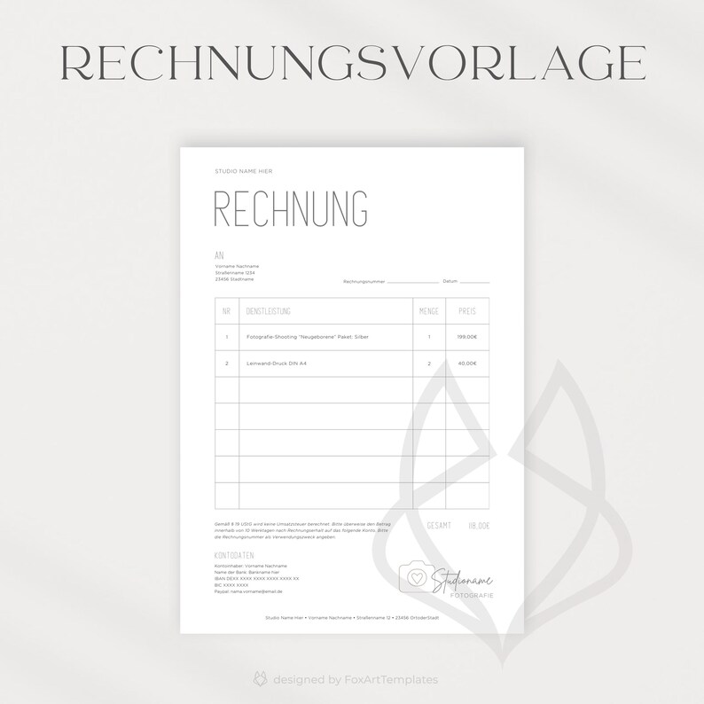 May include: A gray and white invoice template with the title "RECHNUNG" (German for "Invoice") and a fox logo. The template includes fields for item description, quantity, price, and total amount.