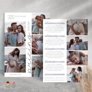 Double sided Photography Pricing Guide • Photography Price List • Price Sheet • Pricing Guide for Photographers • Pricing Guide Template PSD