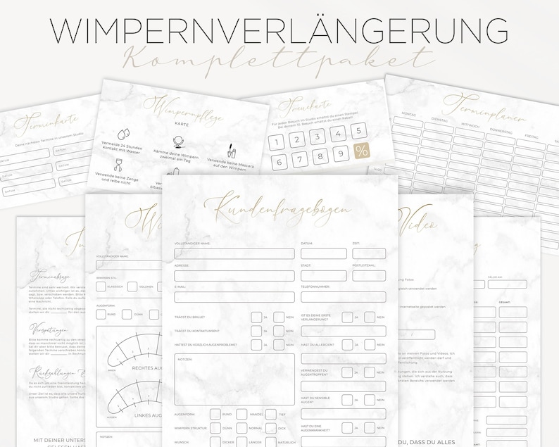 May include: A printable set of forms and templates for eyelash extension businesses. The forms include a client intake form, appointment schedule, and a lash care card. The forms are designed with a marble background and gold accents.