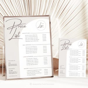 Op de afbeelding: Een witte en beige prijslijst voor een salon of spa. De prijslijst bevat diensten zoals haarstyling, nagelbehandelingen, wimperverlengingen en waxen. De prijzen zijn in euro's vermeld. De prijslijst bevat ook contactgegevens van de salon of spa.