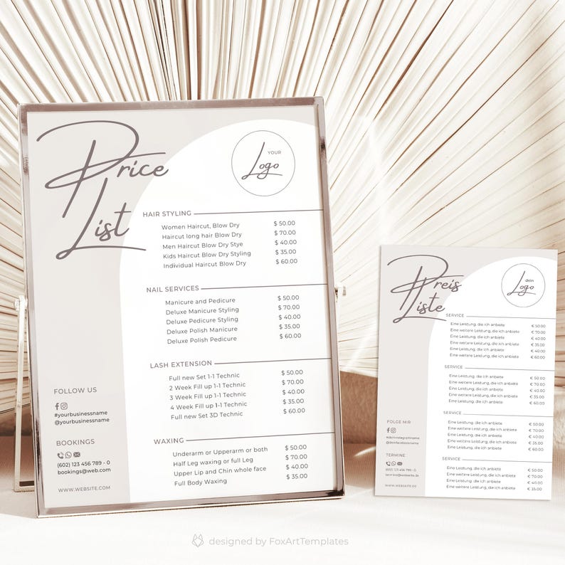Op de afbeelding: Een witte en beige prijslijst voor een salon of spa. De prijslijst bevat diensten zoals haarstyling, nagelbehandelingen, wimperverlengingen en waxen. De prijzen zijn in euro's vermeld. De prijslijst bevat ook contactgegevens van de salon of spa.