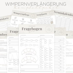 Werbemittel für Wimpernstudio, Werbematerialien wie Kundenfragebögen, Pflegekarte für Wimpernverlängerung, Terminplaner für Wimpernstylistin