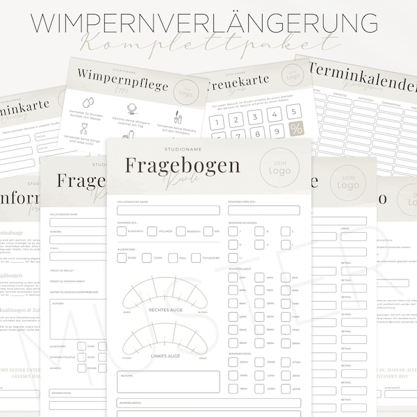 Werbemittel für Wimpernstudio, Werbematerialien wie Kundenfragebögen, Pflegekarte für Wimpernverlängerung, Terminplaner für Wimpernstylistin