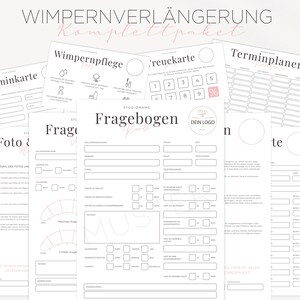 May include: A black and white printable worksheet with the title "Fragebogen Kunde" (German for "Customer Questionnaire"). The worksheet includes sections for customer information, appointment details, and lash preferences. The worksheet is designed for lash extension businesses.