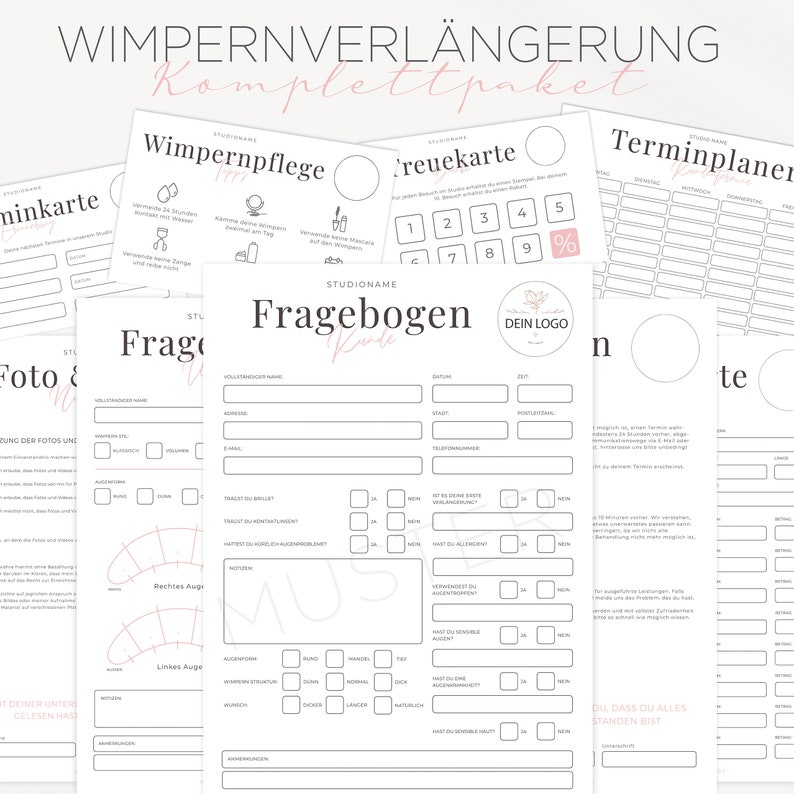 May include: A black and white printable worksheet with the title "Fragebogen Kunde" (German for "Customer Questionnaire"). The worksheet includes sections for customer information, appointment details, and lash preferences. The worksheet is designed for lash extension businesses.