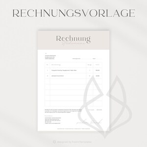 May include: A gray and white invoice template with the text "Rechnung" and "Studio Name" at the top. The invoice includes fields for the invoice number, date, billing address, item description, quantity, price, and total amount. The invoice also includes a space for the customer's signature.