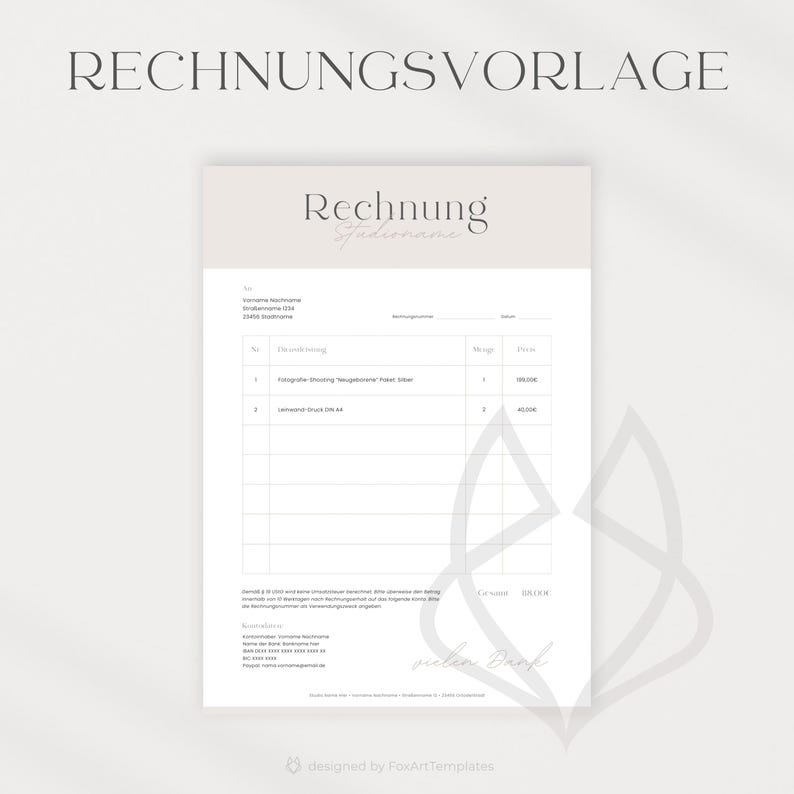 May include: A gray and white invoice template with the text "Rechnung" and "Studio Name" at the top. The invoice includes fields for the invoice number, date, billing address, item description, quantity, price, and total amount. The invoice also includes a space for the customer's signature.