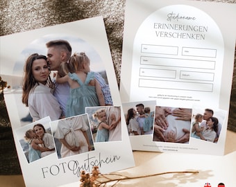 May include: A white gift certificate with the text "FOT Gutschein" in black script font. The certificate features a collage of photos of a family with a baby. The text "Studioname Erinnerungen Verschenken" is on a separate white card with a circle around the text.