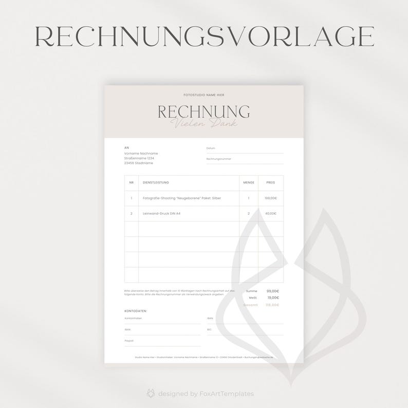 May include: A gray and white invoice template with the text "RECHNUNG" (German for invoice) at the top. The template includes sections for the customer's information, a list of services, and a total amount due.