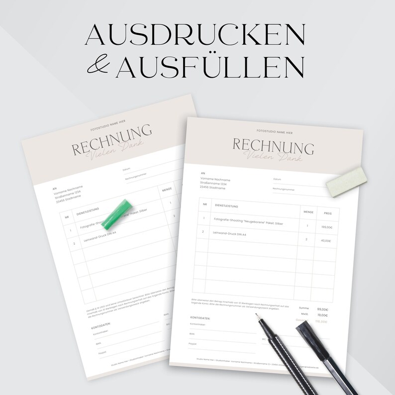 May include: Two printable invoice templates with the text "RECHNUNG" (German for invoice) and "Vielen Dank" (German for thank you) in a light brown color scheme. The text "AUSDRUCKEN & AUSF&Uuml;LLEN" (German for print and fill out) is at the top of the image.