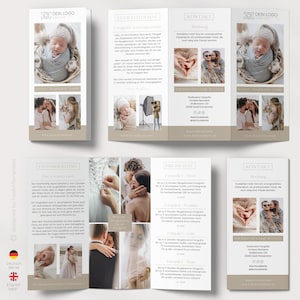 Op de afbeelding: Een driedelige brochure voor een pasgeboren fotografiebedrijf. De brochure bevat afbeeldingen van baby's en gezinnen, samen met informatie over de diensten en prijzen van de fotograaf. De brochure is ontworpen in een neutrale kleurenpalet met een moderne en minimalistische esthetiek.