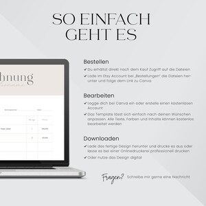 May include: A white laptop screen with a graphic design template on it. The text on the screen reads "So einfach geht es" which translates to "So easy it is". The text on the screen also includes the words "Bestellen", "Bearbeiten", "Downloaden", and "Fragen?" which translate to "Order", "Edit", "Download", and "Questions?"