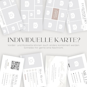 May include: A customizable photo card template with a collage of images and a space for text. The card features a camera icon and the text "INDIVIDUELLE KARTE?" which translates to "Individual Card?" in English. The text below the title reads "Vorder- und R&uuml;ckseite k&ouml;nnen auch anders kombiniert werden. Schreibe mir gerne eine Nachricht." which translates to "Front and back can also be combined differently. Feel free to write me a message." in English.