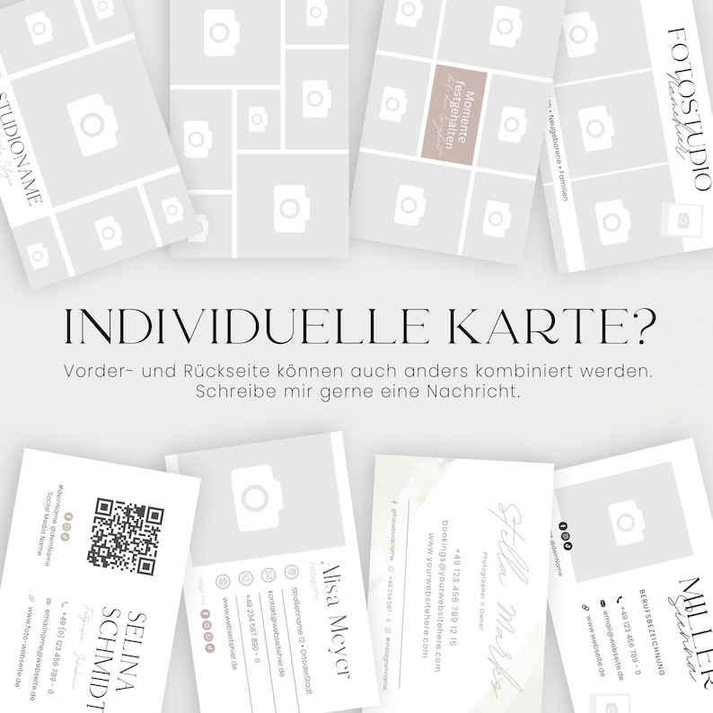May include: A customizable photo card template with a collage of images and a space for text. The card features a camera icon and the text "INDIVIDUELLE KARTE?" which translates to "Individual Card?" in English. The text below the title reads "Vorder- und R&uuml;ckseite k&ouml;nnen auch anders kombiniert werden. Schreibe mir gerne eine Nachricht." which translates to "Front and back can also be combined differently. Feel free to write me a message." in English.