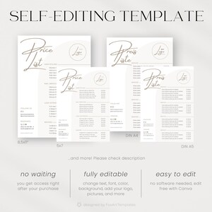 Op de afbeelding: Een zelfbewerkbare sjabloon met prijslijsten in verschillende formaten, waaronder 8,5x11 inch, 5x7 inch, DIN A4 en DIN A5. De prijslijsten bevatten secties voor haarstyling, nagelservices, wimperverlenging en waxen. Het ontwerp bevat de tekst "Price List" en "Logo".