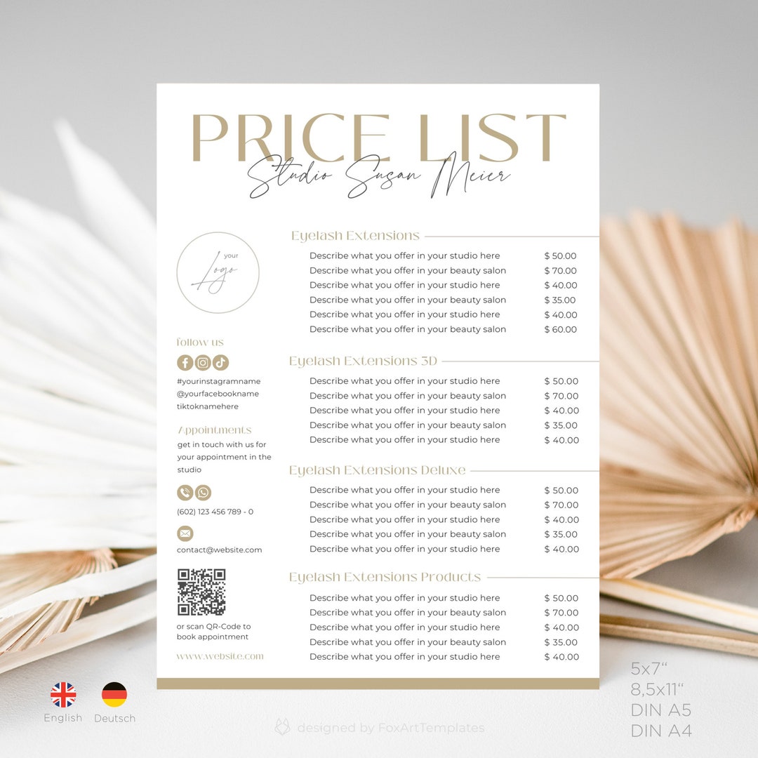 Eyelash Extensions Price List Template - Etsy