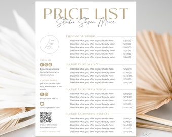 Puede incluir: Una lista de precios beige y marrón para los servicios de extensiones de pestañas en Studio Sagan Meur. La lista incluye precios para extensiones de pestañas, extensiones de pestañas 3D, extensiones de pestañas de lujo y productos de extensiones de pestañas. La lista también incluye información de contacto, identificadores de redes sociales y un código QR para reservar citas.