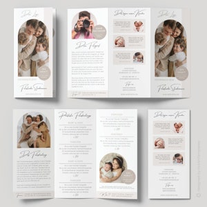Puede incluir: Un folleto tr&iacute;ptico para un estudio de fotograf&iacute;a. El folleto presenta una variedad de im&aacute;genes de familias y ni&ntilde;os, junto con informaci&oacute;n de precios para diferentes tipos de sesiones de fotograf&iacute;a. El folleto tambi&eacute;n incluye una oferta de descuento del 20%.