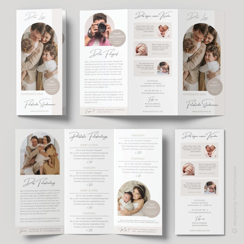 Puede incluir: Un folleto tr&iacute;ptico para un estudio de fotograf&iacute;a. El folleto presenta una variedad de im&aacute;genes de familias y ni&ntilde;os, junto con informaci&oacute;n de precios para diferentes tipos de sesiones de fotograf&iacute;a. El folleto tambi&eacute;n incluye una oferta de descuento del 20%.