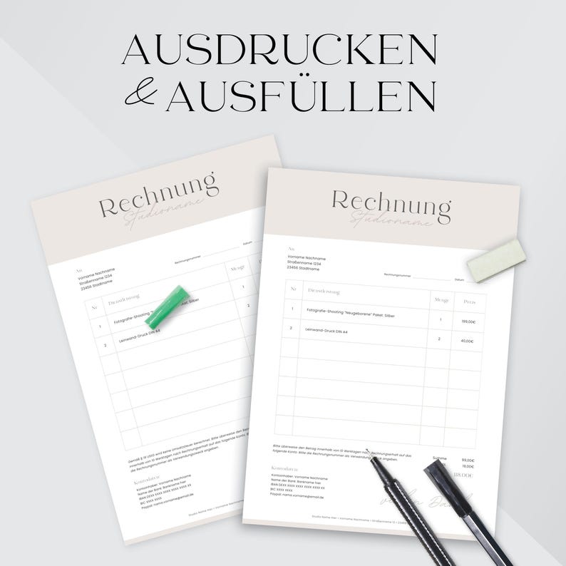May include: Two printable invoice templates with the text "Rechnung" (German for invoice) and "Ausdrucken & Ausf&uuml;llen" (German for print and fill out).