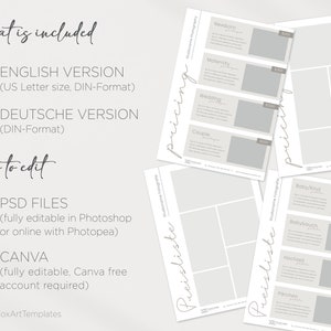 K&ouml;nnte beinhalten: Eine druckbare Preisliste f&uuml;r Fotografen. Die Vorlage ist sowohl in Englisch als auch in Deutsch verf&uuml;gbar. Die Vorlage ist vollst&auml;ndig in Photoshop oder Canva editierbar.