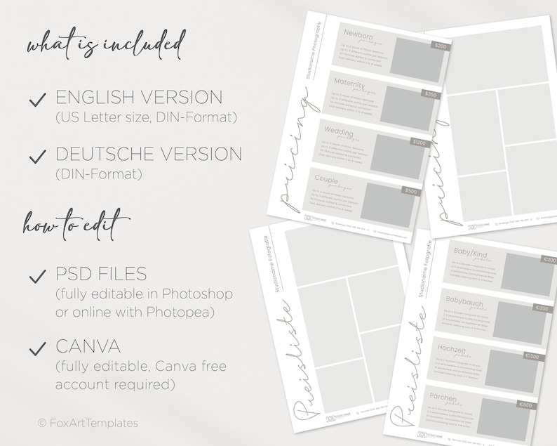 K&ouml;nnte beinhalten: Eine druckbare Preisliste f&uuml;r Fotografen. Die Vorlage ist sowohl in Englisch als auch in Deutsch verf&uuml;gbar. Die Vorlage ist vollst&auml;ndig in Photoshop oder Canva editierbar.
