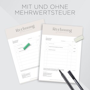 May include: Two beige invoice templates with the word "Rechnung" (German for invoice) at the top. The left template has a green highlighter on it. The right template has a black pen on it. The text "MIT UND OHNE MEHRWERTSTEUER" (German for "with and without VAT") is at the top of the page.