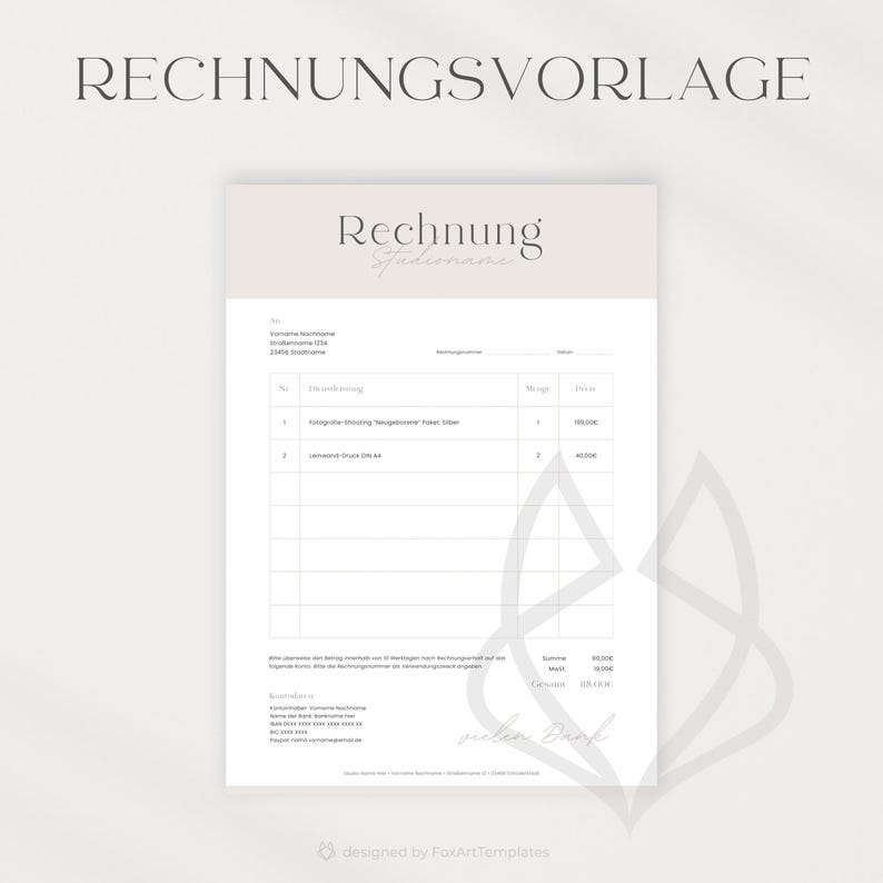 May include: A gray and white invoice template with the German word "Rechnung" (invoice) at the top. The template includes fields for invoice number, date, customer information, items, quantity, price, and total amount. The template also includes a space for a signature and a company logo.