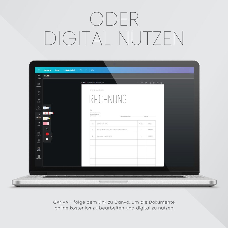 May include: A laptop screen displaying a digital invoice template with the word "RECHNUNG" at the top. The text below reads "CANVA - follow the link to Canva, to edit the documents online for free and use them digitally."